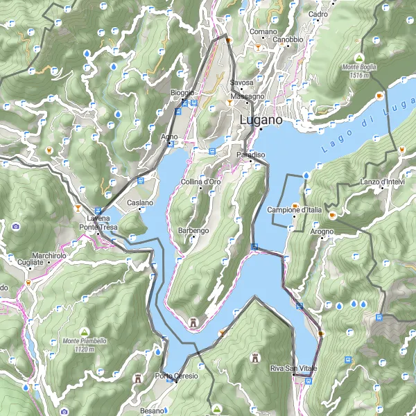Mapa miniatúra "Okružná cyklistická trasa cez Brusimpiano a Lugano" cyklistická inšpirácia v Lombardia, Italy. Vygenerované cyklistickým plánovačom trás Tarmacs.app