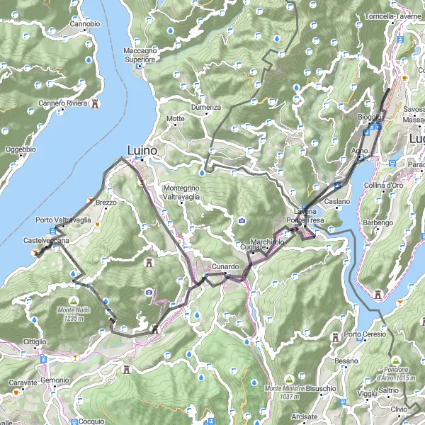 Kartminiatyr av "Rundtur til Rocca di Caldè og Monte Nudo" sykkelinspirasjon i Lombardia, Italy. Generert av Tarmacs.app sykkelrutoplanlegger