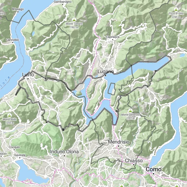 Miniatura della mappa di ispirazione al ciclismo "Esplorazione ciclistica tra Lugano e Lago di Lugano" nella regione di Lombardia, Italy. Generata da Tarmacs.app, pianificatore di rotte ciclistiche