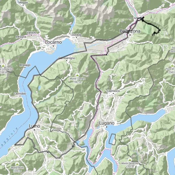 Miniatua del mapa de inspiración ciclista "Gran Ruta por Lago Maggiore y Bellinzona" en Lombardia, Italy. Generado por Tarmacs.app planificador de rutas ciclistas