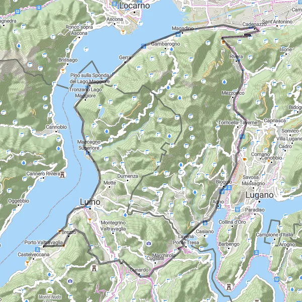 Map miniature of "Serene Lake Lugano" cycling inspiration in Lombardia, Italy. Generated by Tarmacs.app cycling route planner