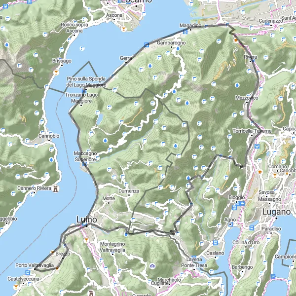 Miniatua del mapa de inspiración ciclista "Ruta escénica por la costa del Lago Maggiore" en Lombardia, Italy. Generado por Tarmacs.app planificador de rutas ciclistas