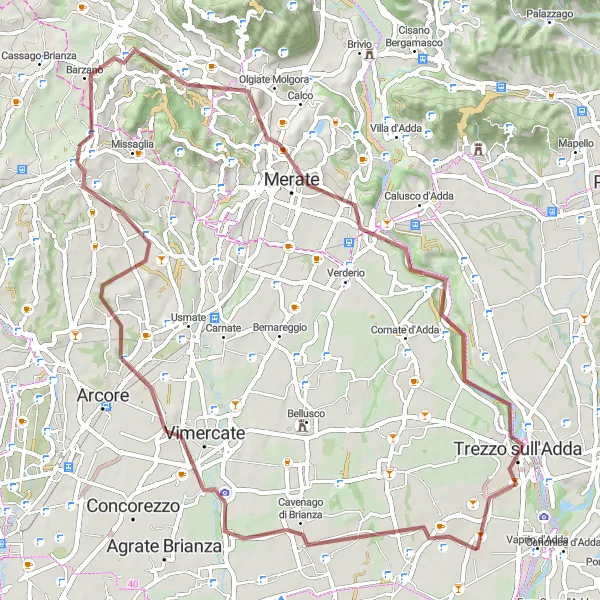 Map miniature of "Exploring the Gravelly Countryside" cycling inspiration in Lombardia, Italy. Generated by Tarmacs.app cycling route planner