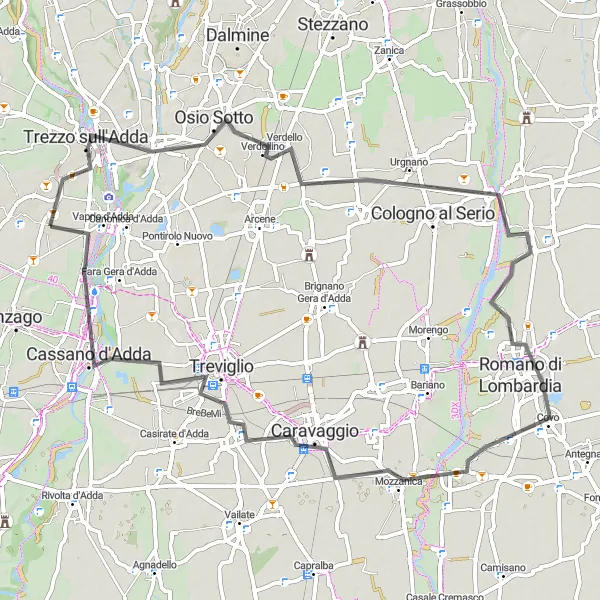 Miniatura della mappa di ispirazione al ciclismo "Giro in bicicletta da Pozzo d'Adda a Cassano d'Adda" nella regione di Lombardia, Italy. Generata da Tarmacs.app, pianificatore di rotte ciclistiche