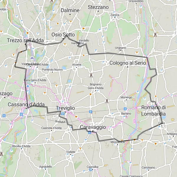 Map miniature of "Picturesque Ride in Lombardia Countryside" cycling inspiration in Lombardia, Italy. Generated by Tarmacs.app cycling route planner