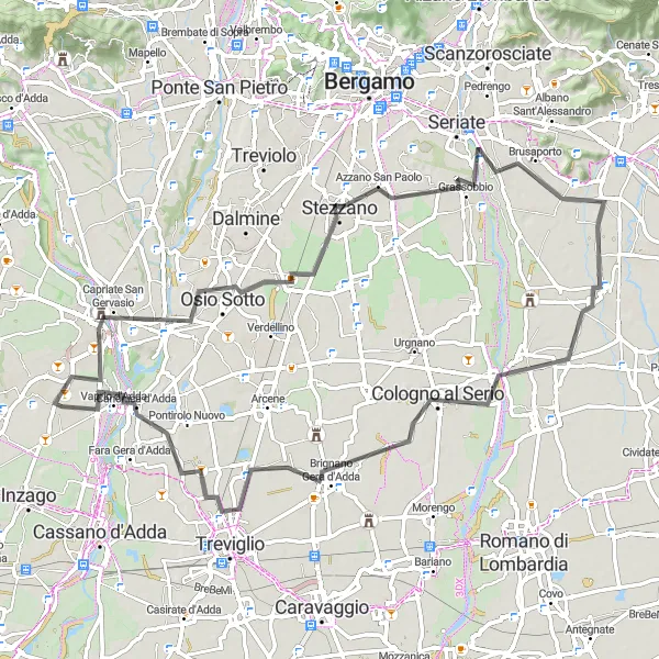 Zemljevid v pomanjšavi "Izlet v okolici Pozzo d'Adda - Brembate - Brusaporto - Cologno al Serio - Brignano Gera d'Adda - Castel Cerreto" kolesarske inspiracije v Lombardia, Italy. Generirano z načrtovalcem kolesarskih poti Tarmacs.app