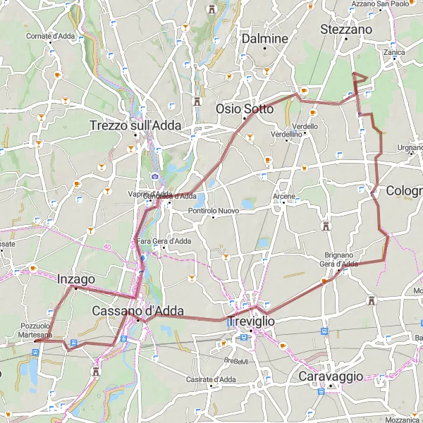 Zemljevid v pomanjšavi "Gravelska avantura do Pozzuola Martesana" kolesarske inspiracije v Lombardia, Italy. Generirano z načrtovalcem kolesarskih poti Tarmacs.app