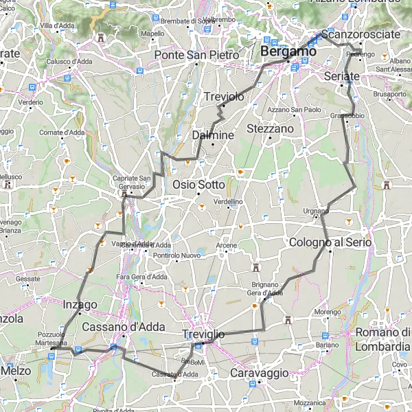 Mapa miniatúra "Výlet do Trezzo sull'Adda, Bergamo a Cologno al Serio" cyklistická inšpirácia v Lombardia, Italy. Vygenerované cyklistickým plánovačom trás Tarmacs.app