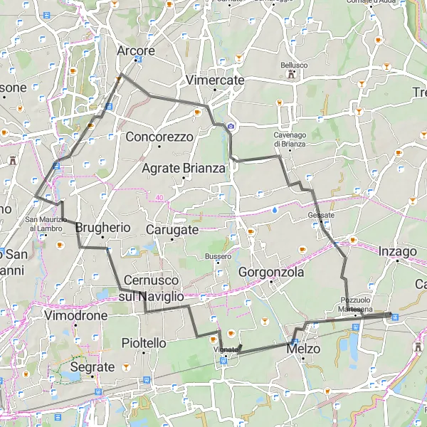 Map miniature of "Monza and Melzo Circuit" cycling inspiration in Lombardia, Italy. Generated by Tarmacs.app cycling route planner