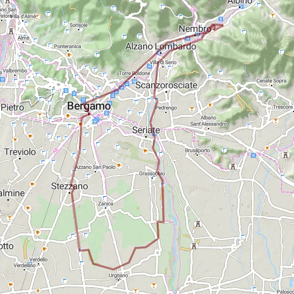 Mapa miniatúra "Gravelový okruh cez Grassobbio a Bergamo" cyklistická inšpirácia v Lombardia, Italy. Vygenerované cyklistickým plánovačom trás Tarmacs.app