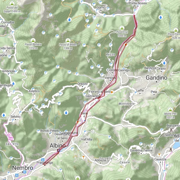 Karttaminiaatyyri "Pradalunga - Vertova Gravel Tour" pyöräilyinspiraatiosta alueella Lombardia, Italy. Luotu Tarmacs.app pyöräilyreittisuunnittelijalla