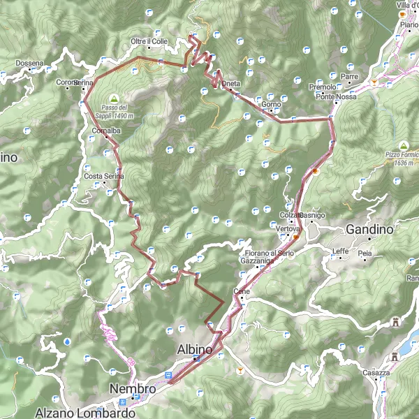 Map miniature of "Monte Cornagera to Cene" cycling inspiration in Lombardia, Italy. Generated by Tarmacs.app cycling route planner