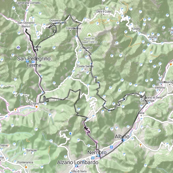 Map miniature of "Pradalunga - San Pellegrino Terme" cycling inspiration in Lombardia, Italy. Generated by Tarmacs.app cycling route planner