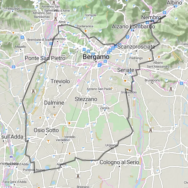 Miniatura della mappa di ispirazione al ciclismo "Giro in bicicletta da Pradalunga a Nembro" nella regione di Lombardia, Italy. Generata da Tarmacs.app, pianificatore di rotte ciclistiche