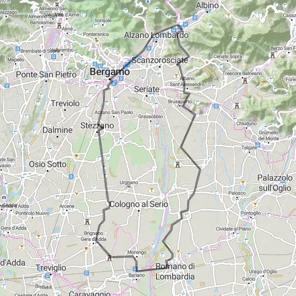 Miniatura della mappa di ispirazione al ciclismo "Giro in bici da Pradalunga a Bergamo" nella regione di Lombardia, Italy. Generata da Tarmacs.app, pianificatore di rotte ciclistiche