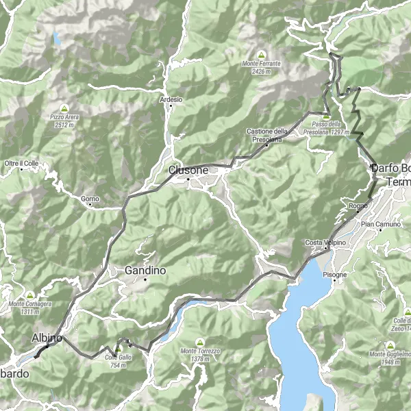 Map miniature of "Casnigo to Fiobbio" cycling inspiration in Lombardia, Italy. Generated by Tarmacs.app cycling route planner