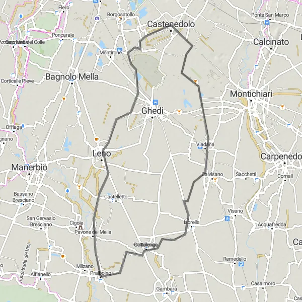 Zemljevid v pomanjšavi "Razgibana kolesarska pot Castenedolo" kolesarske inspiracije v Lombardia, Italy. Generirano z načrtovalcem kolesarskih poti Tarmacs.app