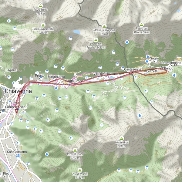 Miniatua del mapa de inspiración ciclista "Ruta de gravilla a Chiavenna y Passo Capiola" en Lombardia, Italy. Generado por Tarmacs.app planificador de rutas ciclistas