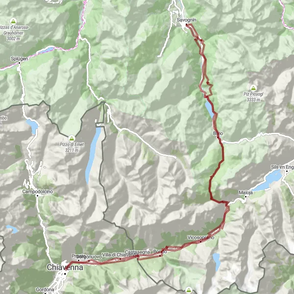 Kartminiatyr av "Chiavenna - Savogno Grusvei Sykkeltur" sykkelinspirasjon i Lombardia, Italy. Generert av Tarmacs.app sykkelrutoplanlegger