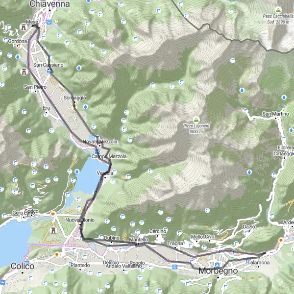 Mapa miniatúra "Road Expedition to Cosio Valtellino" cyklistická inšpirácia v Lombardia, Italy. Vygenerované cyklistickým plánovačom trás Tarmacs.app