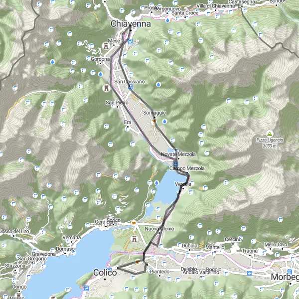 Zemljevid v pomanjšavi "Kolesarska pustolovščina blizu Prata Camportaccio" kolesarske inspiracije v Lombardia, Italy. Generirano z načrtovalcem kolesarskih poti Tarmacs.app