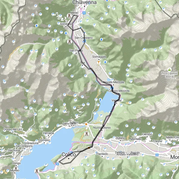 Map miniature of "Road Cycling Adventure near Prata Camportaccio" cycling inspiration in Lombardia, Italy. Generated by Tarmacs.app cycling route planner