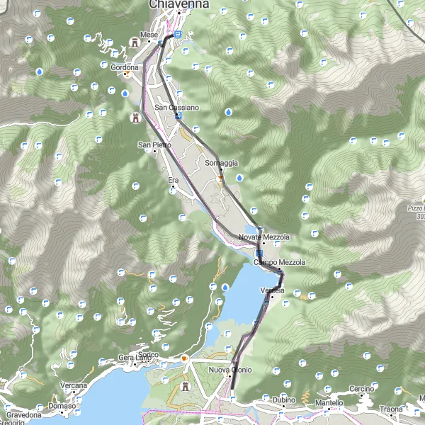 Miniatura della mappa di ispirazione al ciclismo "Giro in bicicletta da Prata Camportaccio a Mese" nella regione di Lombardia, Italy. Generata da Tarmacs.app, pianificatore di rotte ciclistiche