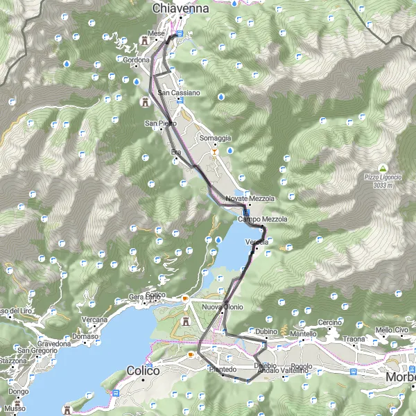 Map miniature of "Prata Camportaccio Loop" cycling inspiration in Lombardia, Italy. Generated by Tarmacs.app cycling route planner