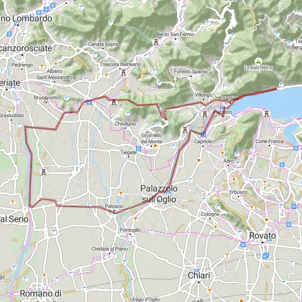 Map miniature of "Predore to Croce del Gosnèl Gravel Cycling Route" cycling inspiration in Lombardia, Italy. Generated by Tarmacs.app cycling route planner