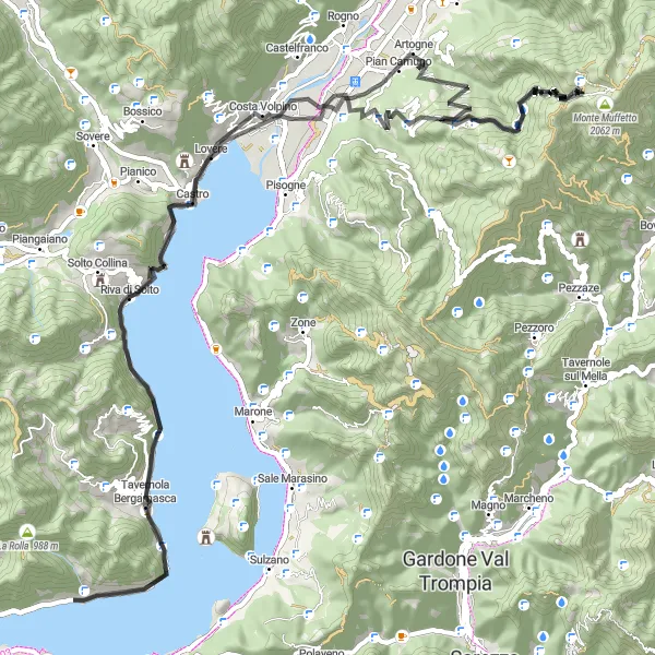 Map miniature of "Predore Panoramic View to Tavernola Bergamasca" cycling inspiration in Lombardia, Italy. Generated by Tarmacs.app cycling route planner