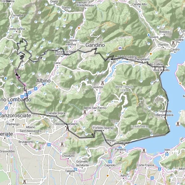 Miniatua del mapa de inspiración ciclista "Ruta de ciclismo de 109 km en carretera cerca de Predore" en Lombardia, Italy. Generado por Tarmacs.app planificador de rutas ciclistas