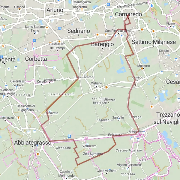 Miniature de la carte de l'inspiration cycliste "Exploration en Gravel de Cornaredo à Bareggio" dans la Lombardia, Italy. Générée par le planificateur d'itinéraire cycliste Tarmacs.app