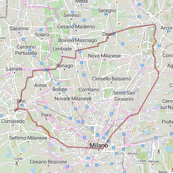 Zemljevid v pomanjšavi "Gravel pot do Cologno Monzese" kolesarske inspiracije v Lombardia, Italy. Generirano z načrtovalcem kolesarskih poti Tarmacs.app