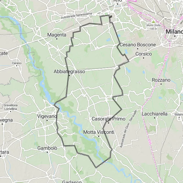 Mapa miniatúra "Road Cornaredo-Bareggio circuit" cyklistická inšpirácia v Lombardia, Italy. Vygenerované cyklistickým plánovačom trás Tarmacs.app