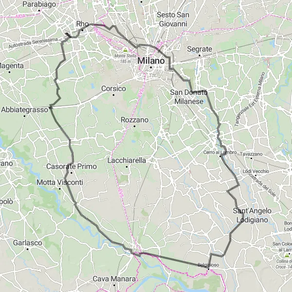Miniatua del mapa de inspiración ciclista "Ruta en Carretera por Belgioioso y Torre d'Isola" en Lombardia, Italy. Generado por Tarmacs.app planificador de rutas ciclistas