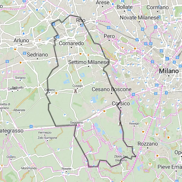 Miniatua del mapa de inspiración ciclista "Ruta de ciclismo de 63 km desde Pregnana Milanese" en Lombardia, Italy. Generado por Tarmacs.app planificador de rutas ciclistas