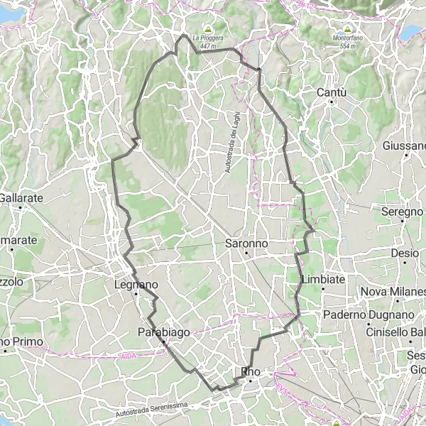 Map miniature of "The Border-to-Border Challenge" cycling inspiration in Lombardia, Italy. Generated by Tarmacs.app cycling route planner