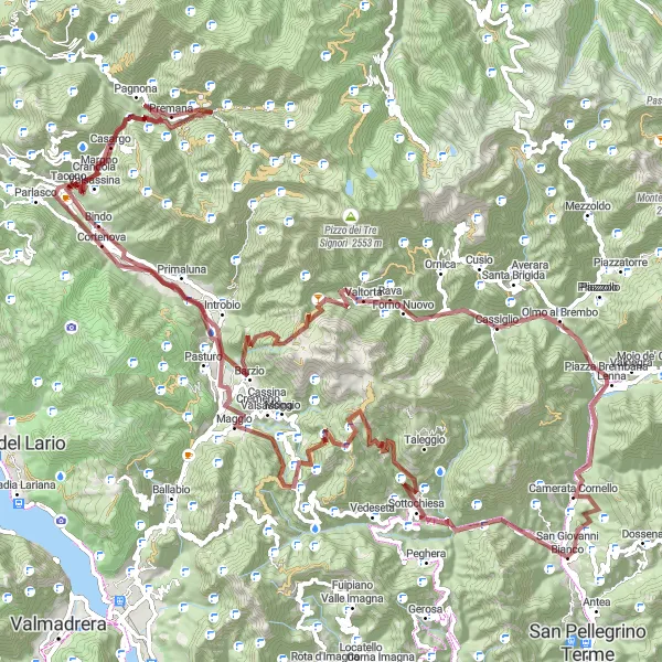Miniatua del mapa de inspiración ciclista "Ruta de ciclismo de 132 km en gravilla desde Premana" en Lombardia, Italy. Generado por Tarmacs.app planificador de rutas ciclistas