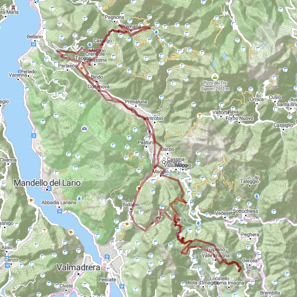 Miniatua del mapa de inspiración ciclista "Ruta en gravilla de Premana a Vendrogno" en Lombardia, Italy. Generado por Tarmacs.app planificador de rutas ciclistas