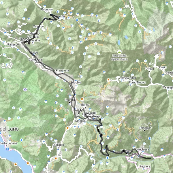 Miniatura della mappa di ispirazione al ciclismo "Sfida al Corno dell'Acqua" nella regione di Lombardia, Italy. Generata da Tarmacs.app, pianificatore di rotte ciclistiche