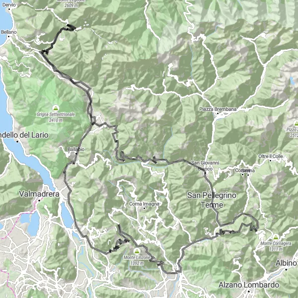 Map miniature of "The Valsassina Climb" cycling inspiration in Lombardia, Italy. Generated by Tarmacs.app cycling route planner