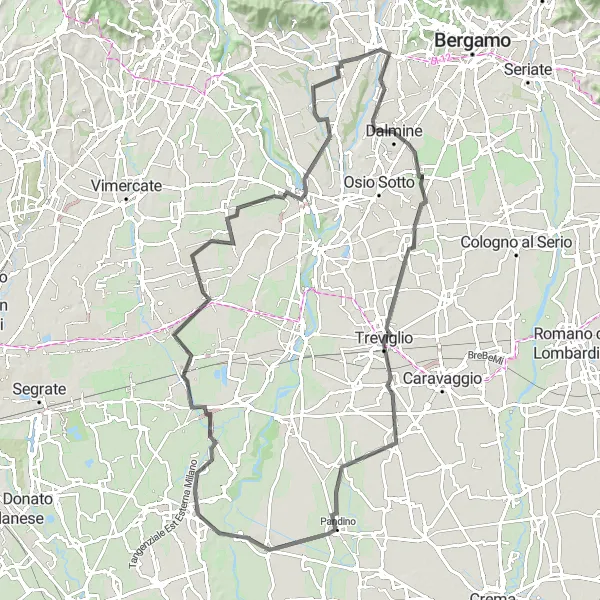 Miniaturní mapa "Dlouhá cesta kolem Treviglio" inspirace pro cyklisty v oblasti Lombardia, Italy. Vytvořeno pomocí plánovače tras Tarmacs.app