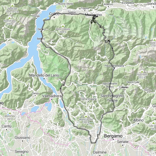 Miniature de la carte de l'inspiration cycliste "Tour des sommets bergamasques" dans la Lombardia, Italy. Générée par le planificateur d'itinéraire cycliste Tarmacs.app