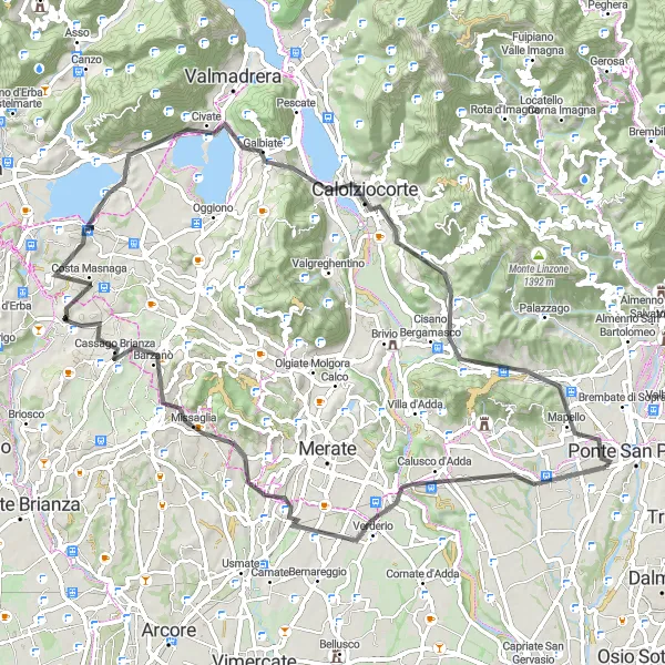 Miniature de la carte de l'inspiration cycliste "Défi montagneux à travers les collines de Lombardie" dans la Lombardia, Italy. Générée par le planificateur d'itinéraire cycliste Tarmacs.app