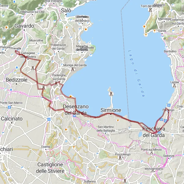 Miniatura della mappa di ispirazione al ciclismo "Rotta in bicicletta da Prevalle a Sirmione e ritorno" nella regione di Lombardia, Italy. Generata da Tarmacs.app, pianificatore di rotte ciclistiche