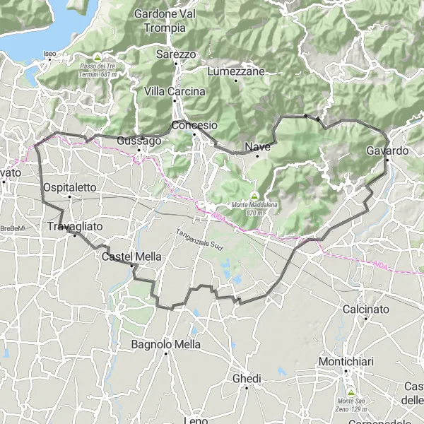 Miniatua del mapa de inspiración ciclista "Ruta en Carretera por las Colinas de Brescia" en Lombardia, Italy. Generado por Tarmacs.app planificador de rutas ciclistas