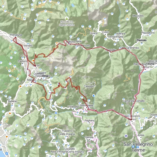 Miniatua del mapa de inspiración ciclista "Reto de Grava a Piazza Brembana y Baiedo" en Lombardia, Italy. Generado por Tarmacs.app planificador de rutas ciclistas
