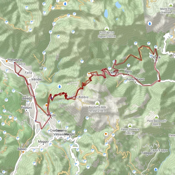 Kartminiatyr av "Utforsk grusveier nær Primaluna" sykkelinspirasjon i Lombardia, Italy. Generert av Tarmacs.app sykkelrutoplanlegger