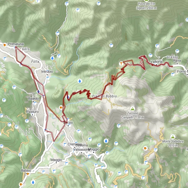 Miniatura della mappa di ispirazione al ciclismo "Giro Gravel della Valsassina" nella regione di Lombardia, Italy. Generata da Tarmacs.app, pianificatore di rotte ciclistiche