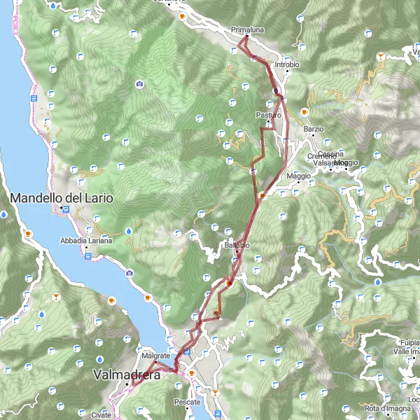 Zemljevid v pomanjšavi "Gravel kolesarska pot iz Primaluna" kolesarske inspiracije v Lombardia, Italy. Generirano z načrtovalcem kolesarskih poti Tarmacs.app